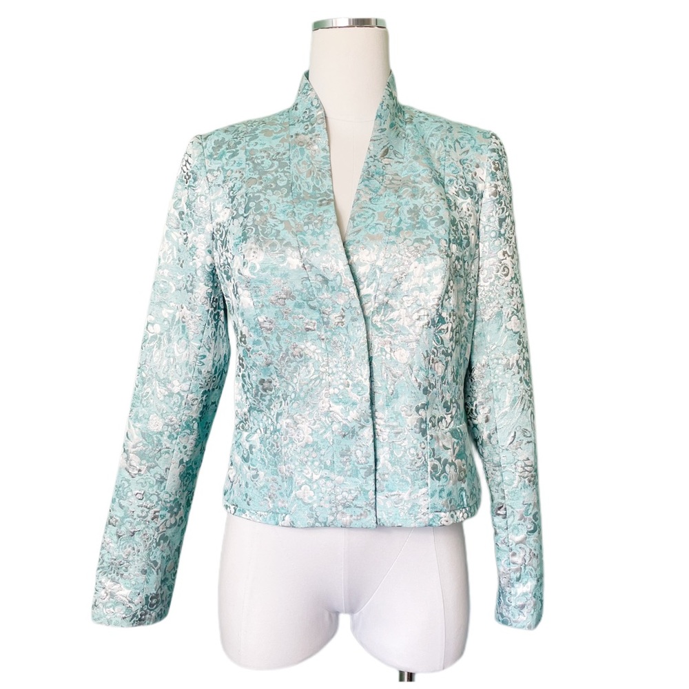 Carmen Marc Valvo 3 button metallic Tiffany blue and silver brocade jacket 6